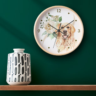 Vit ros Bouquet Golden Retriever Hund Rund Klocka