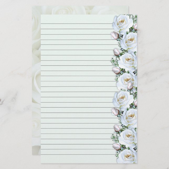 Vit ros Bouquet Gräns 3-stationsrad Brevpapper (Fram/baksida)