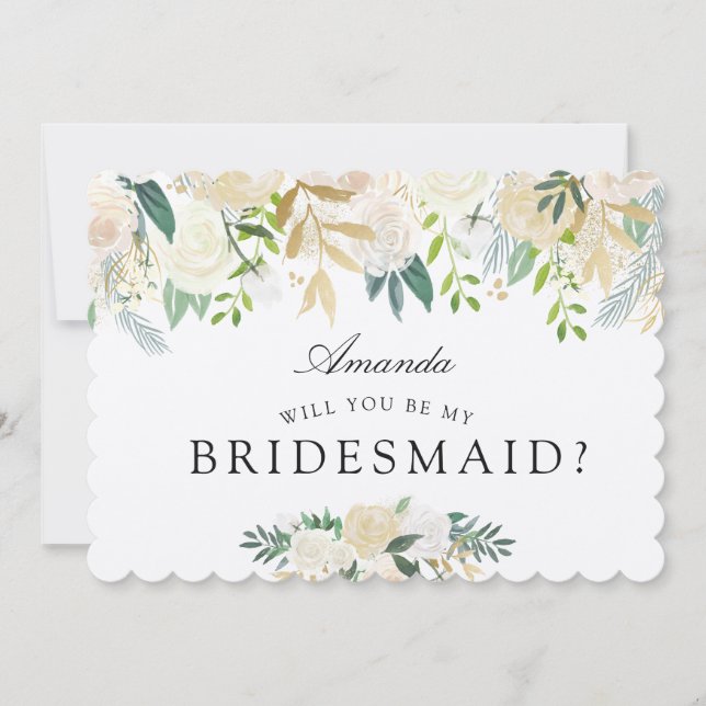 Vit ros Bouquet | Kommer du att bli min Bridesmaid Inbjudningar (Framsida)
