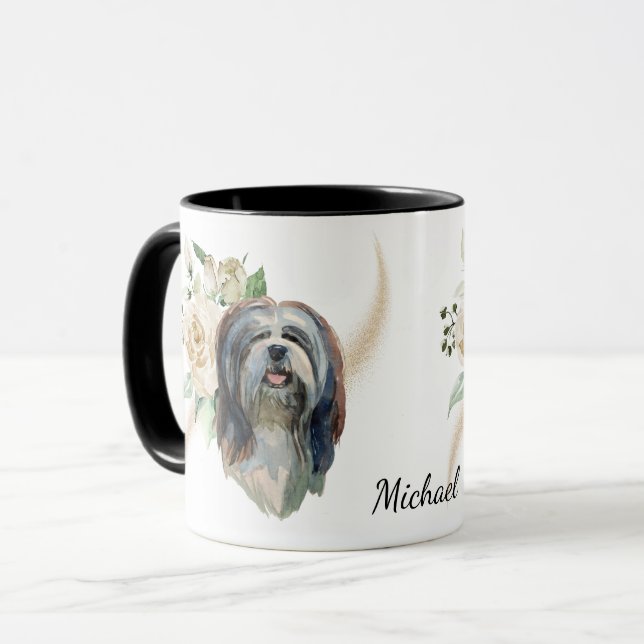 Vit ros Bouquet Lhasa Apso Hund Mugg (Framsida vänster)