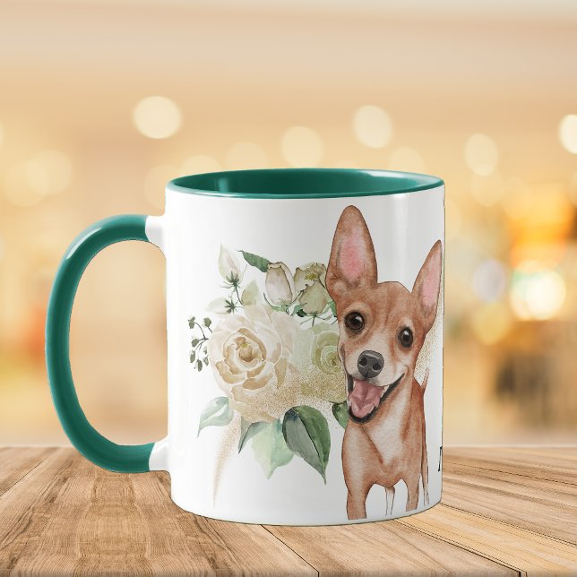 Vit ros Bouquet Lycklig Chihuahua Hund Mugg (Skapare uppladdad)