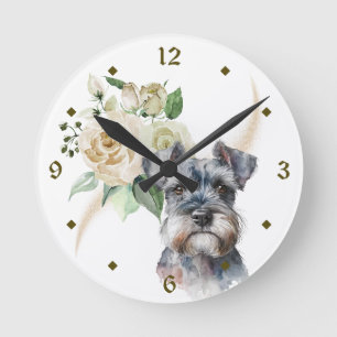 Vit ros Bouquet Miniature Schnauzer Hund Rund Klocka