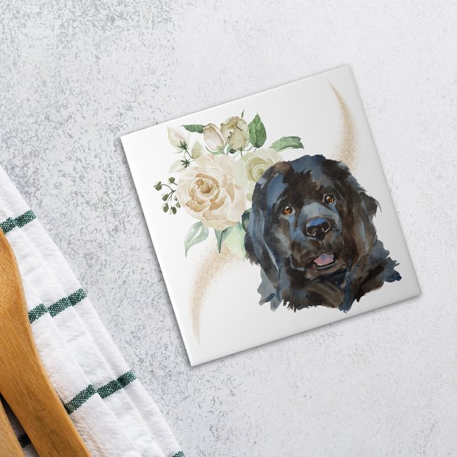 Vit ros Bouquet Newfoundland Hund Kakelplatta (Skapare uppladdad)