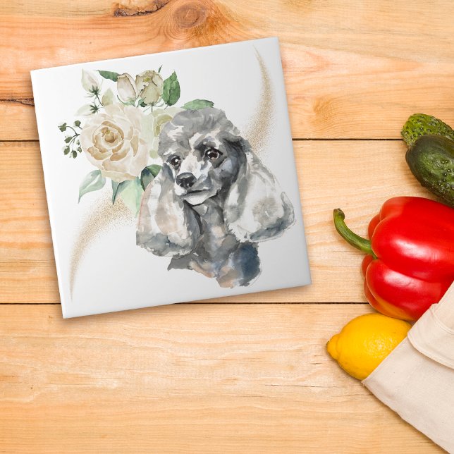 Vit ros Bouquet Pudel Hund Kakelplatta (Skapare uppladdad)