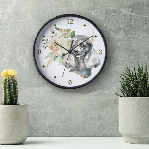 Vit ros Bouquet Pudel Hund Rund Klocka