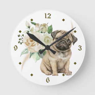 Vit ros Bouquet Pug Puppy Rund Klocka