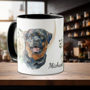 Vit ros Bouquet Rottweiler Hund Mugg