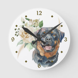 Vit ros Bouquet Rottweiler Hund Rund Klocka