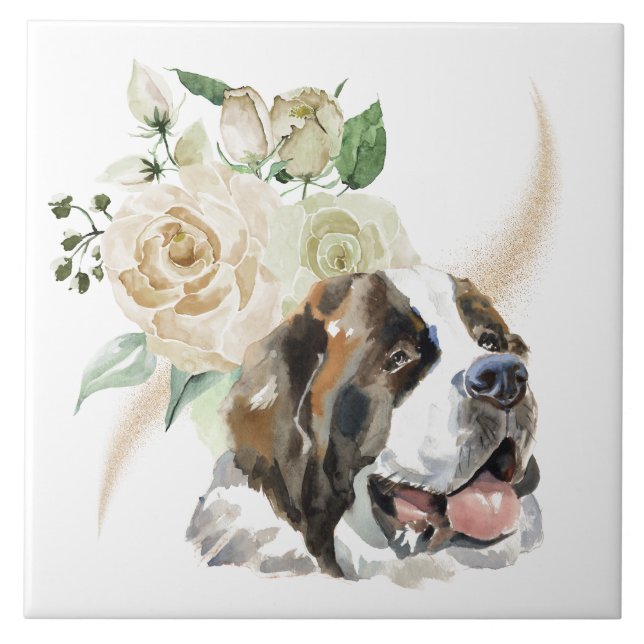 Vit ros Bouquet Saint Bernard Hund Kakelplatta (Framsidan)
