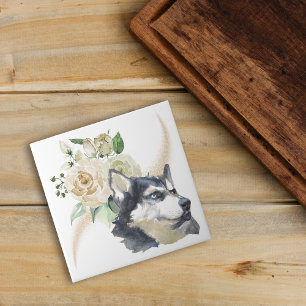 Vit ros Bouquet Siberian husky Hund Kakelplatta