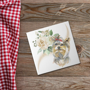 Vit ros Bouquet Yorkshire Terrier Hund Kakelplatta
