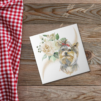 Vit ros Bouquet Yorkshire Terrier Hund Kakelplatta