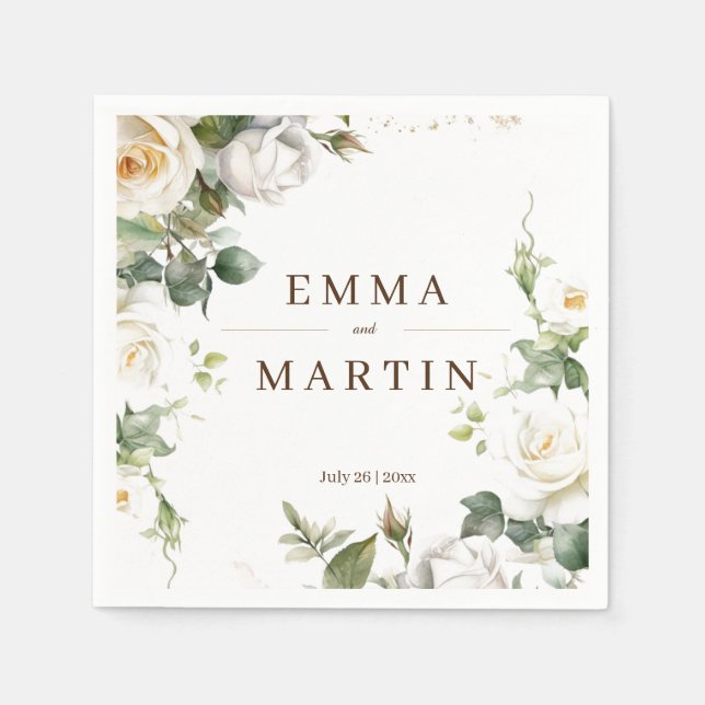 Vit ros Bröllop Elegant Blommigt Pappersservett (Framsidan)