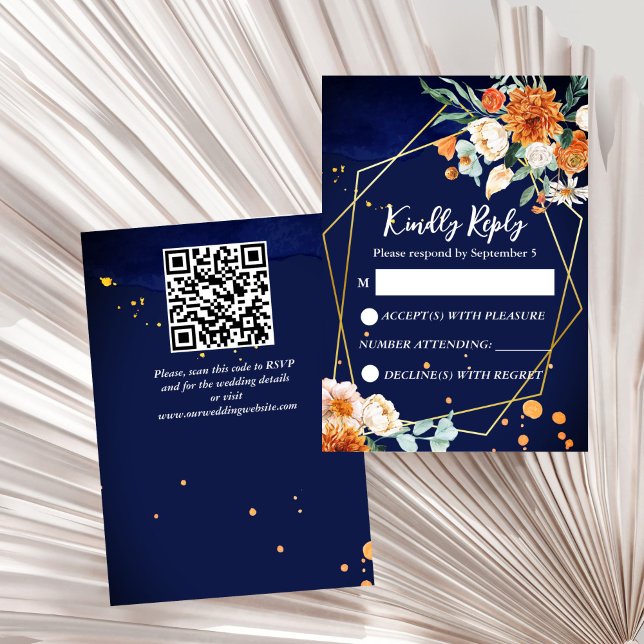 Vit ros bröllop OSA i marin blå orange (Navy blue orange white roses geometrical gold frame wedding RSVP card wedding invitation suite)
