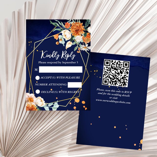 Vit ros bröllop OSA i marin blå orange Kort (Navy blue orange white roses wedding RSVP)