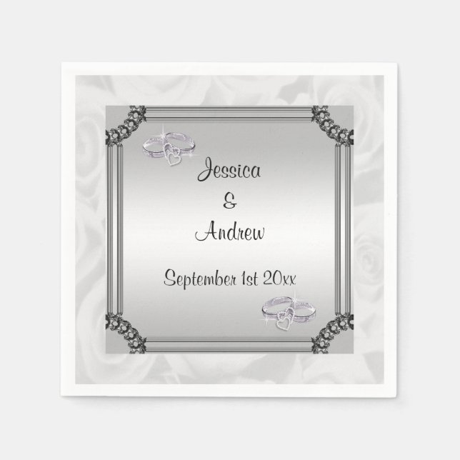 Vit ros & Diamond Bröllop Ringar Pappersservett (Framsidan)