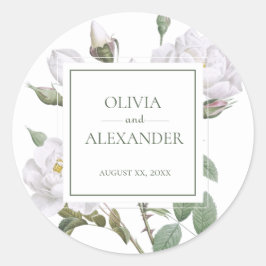 Vit ros Elegant Blommigt Bröllop Runt Klistermärke