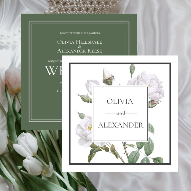 Vit ros Elegant Blommigt Grönt Bröllop Inbjudningar (White Roses Elegant Floral Green Wedding Invitation)