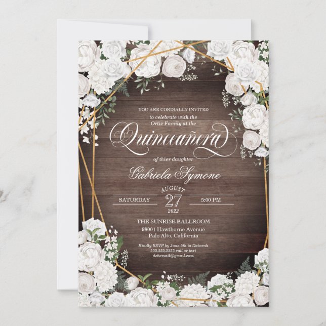 Vit ros Elegant Rustic Wood Blommigt Quinceañera Inbjudningar (Framsida)