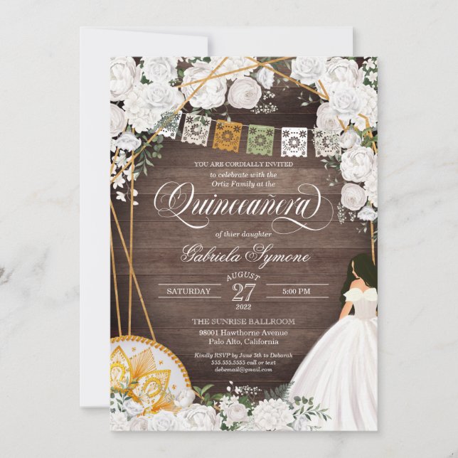 Vit ros Elegant Western Charro Quinceanera Inbjudningar (Framsida)
