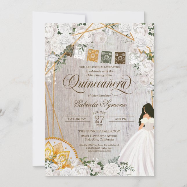 Vit ros Elegant Western Charro Quinceanera Inv. Inbjudningar (Framsida)