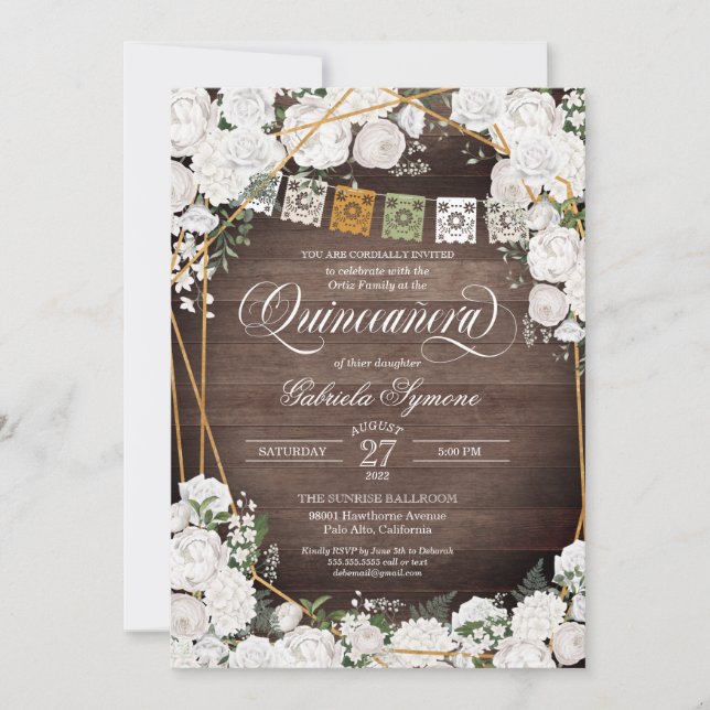 Vit ros Elegant Western Rustic Quinceañera Inv. Inbjudningar (Framsida)