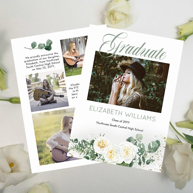 Vit ros |Eucalyptus 4 Photo Collage Student Meddelande (White Roses and Eucalyptus Four Photo Collage "Graduate" Script Text Graduation Announcement)