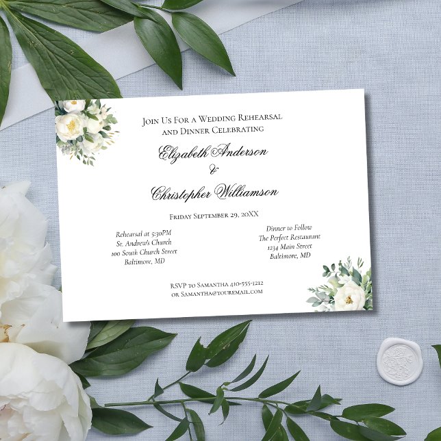Vit ros Eucalyptus Botanical Bröllop Rehearsal Inbjudningar (White Rose Floral Eucalyptus Wedding Rehearsal Dinner Invitation)