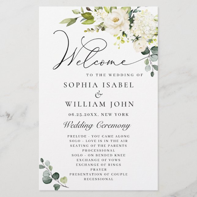 Vit ros Eucalyptus Bröllop Ceremony-programmet (Framsida)