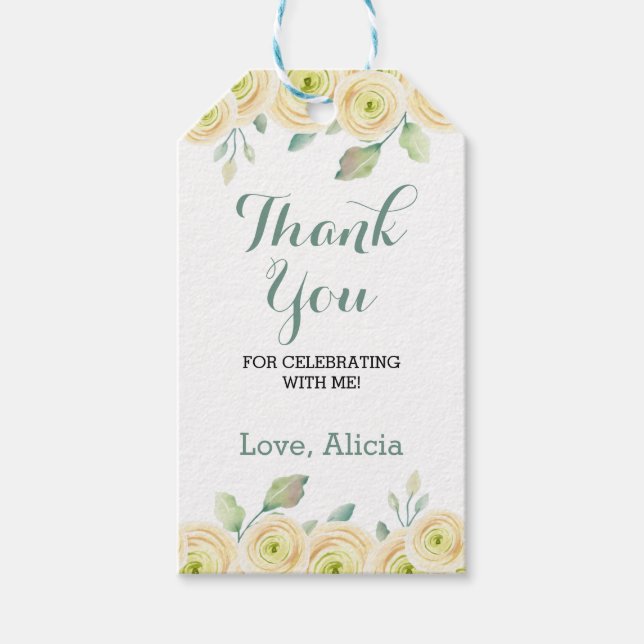 Vit ros Eucalyptus Flora Birthday Tack Presentetikett (Framsidan)
