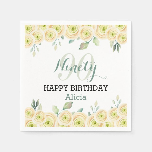 Vit ros Eucalyptus Söt Flora 90:e födelsedag Pappersservett (Framsidan)
