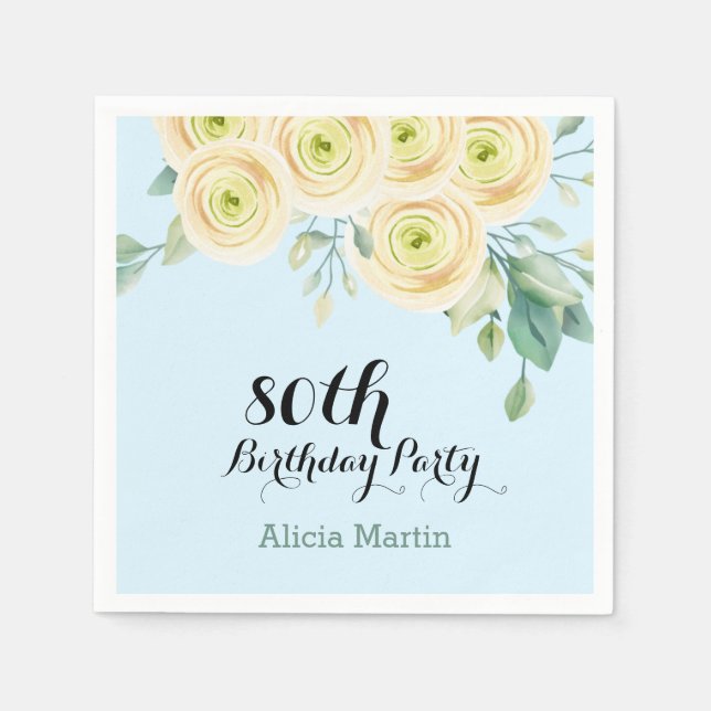Vit ros Flora Eucalyptus Blue 80:e födelsedagen Pappersservett (Framsidan)