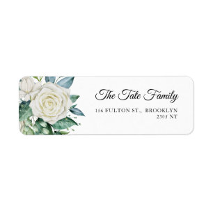 Vit ros Flowers Eucalyptus Baptism Adress Returadress Etikett