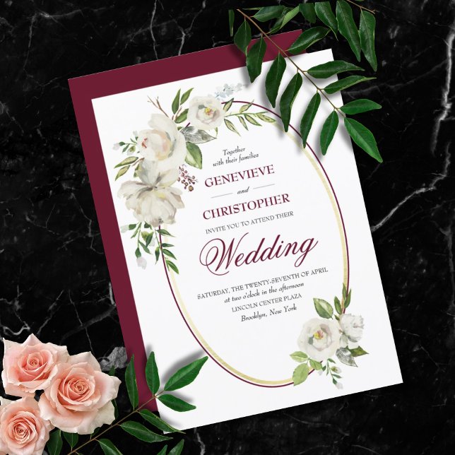 Vit ros Formell Burgundy Blommigt Bröllop Inbjudningar (Formal Burgundy White Rose Floral Botanical Wedding Invitation)