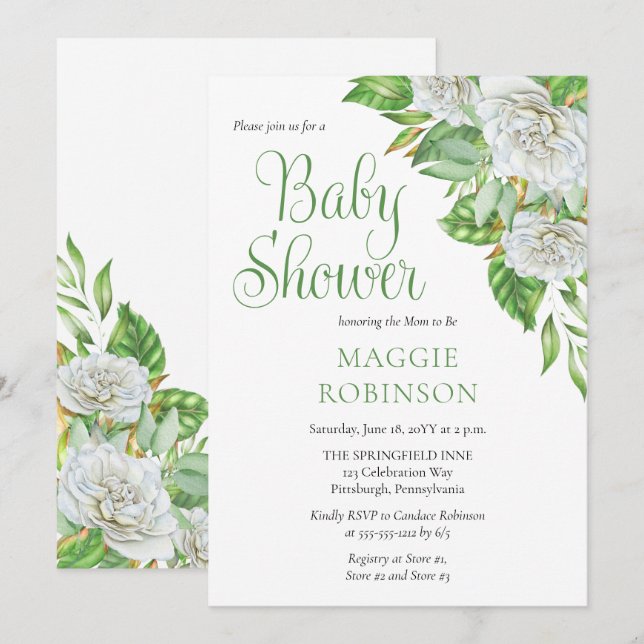 Vit ros |Greenery Boho Blommigt Girl Baby Shower Inbjudningar (Fram/baksida)