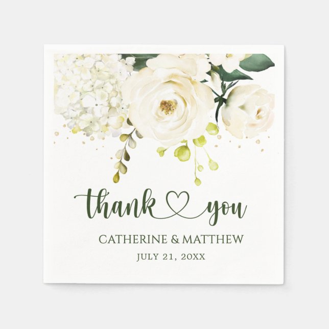 Vit ros Greenery Foliage Bröllop Pappersservett (Framsidan)