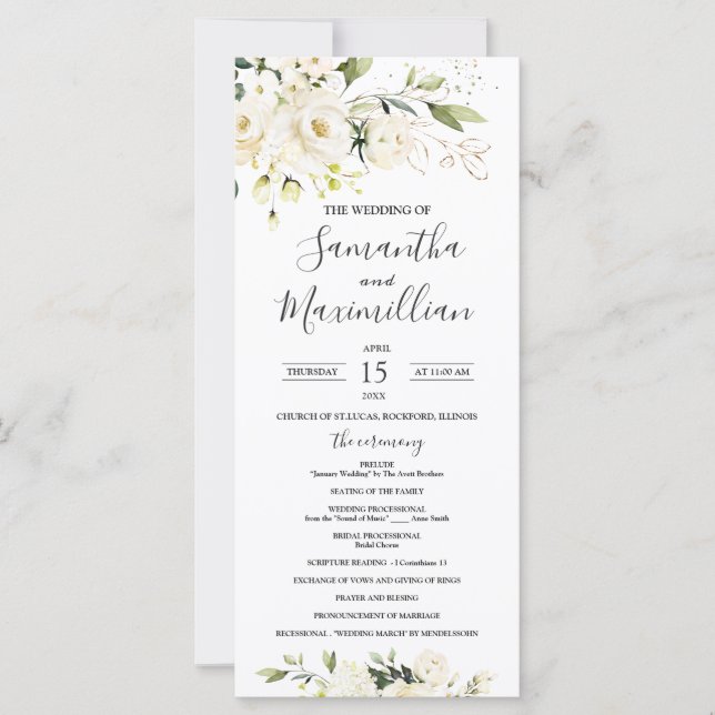 Vit ros Greenery Foliage Bröllopsprogram (Framsida)
