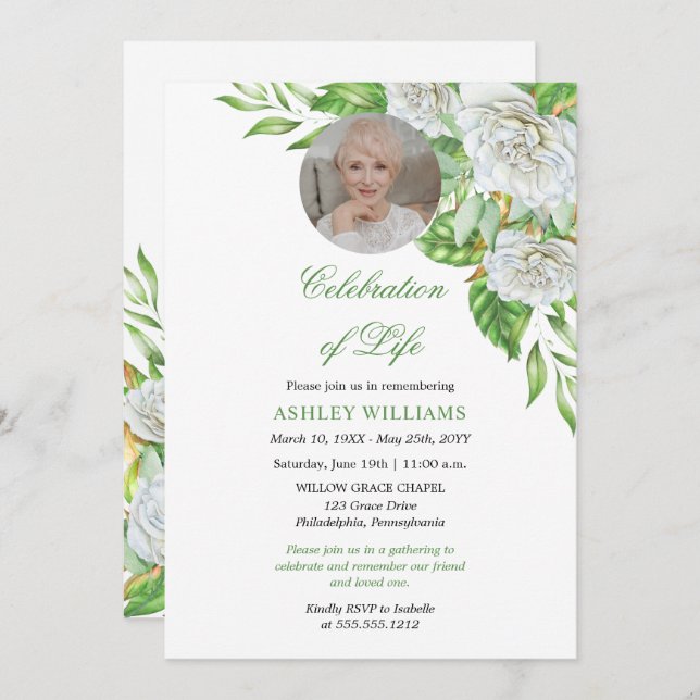 Vit ros | Grey Blommigt Firande of Life Inbjudningar (Fram/baksida)