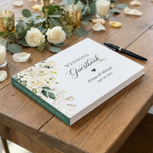 Vit Ros Grönska Guld Blommig Bröllop Gästböcker (Skapare uppladdad)
