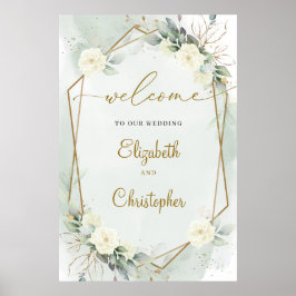 Vit ros Grönt Eucalyptus Guld Geometric Poster