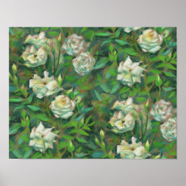 Vit ros Grönt Löv Flowers Blommigt Painting Poster