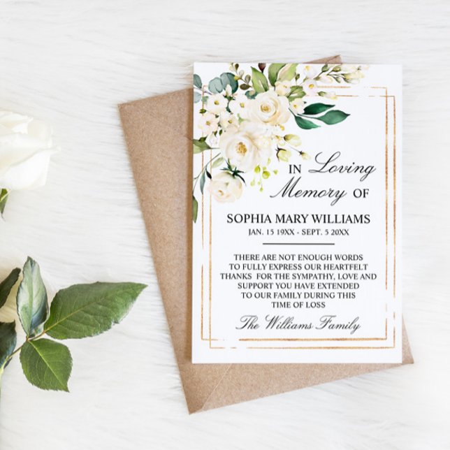 Vit ros & Grönt Löv Sympathy Memory Tack Kort (Skapare uppladdad)