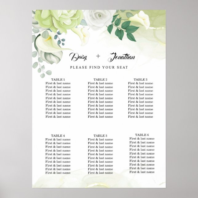 Vit ros Grönt och den vita Blommigten Bröllop Poster (Framsidan)
