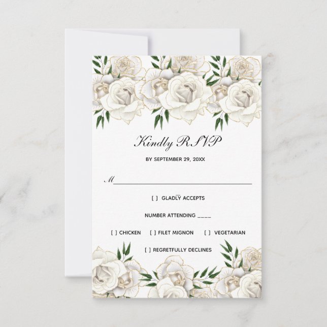 Vit Ros Guld Blommig Formell Elegant Bröllop RSVP OSA Kort (Framsida)