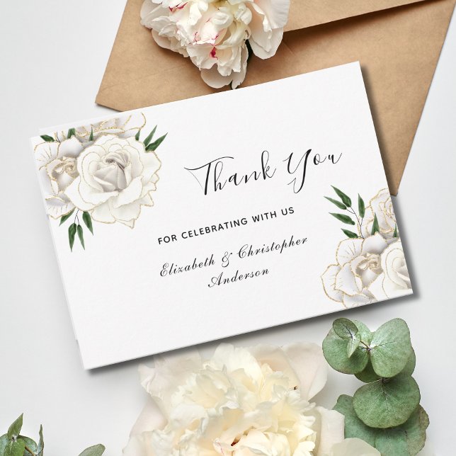 Vit ros Guld Blommigt Elegant bröllop Tack Kort (White Roses Gold Trim Elegant Classic Formal Traditional Wedding Thank you card)