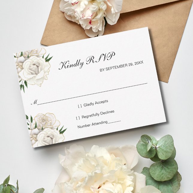 Vit ros Guld Blommigt Formell Elegant bröllop OSA (White Roses with gold trim Wedding RSVP Card. Formal Elegant 5x3.5 inches)