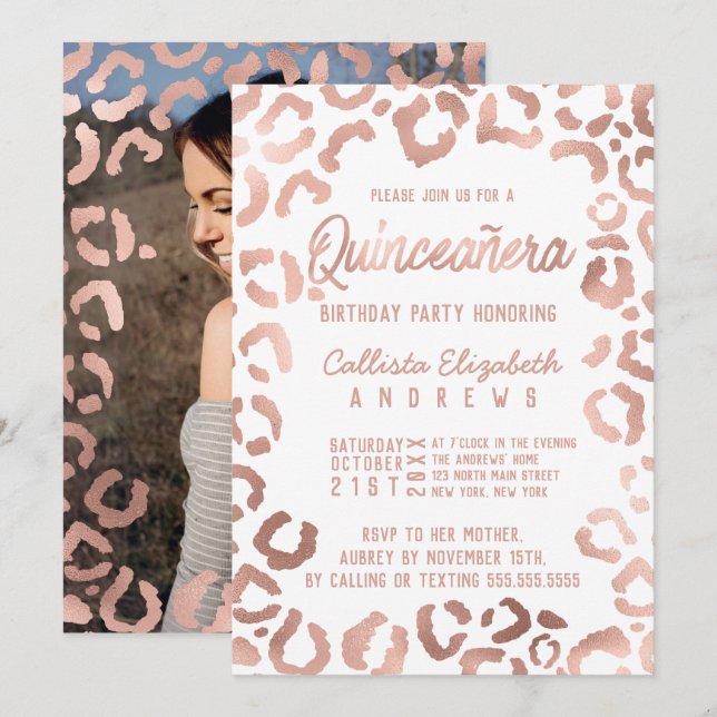 Vit ros Guld Cheetah Leopard Quinceañera Photo Inbjudningar (Fram/baksida)