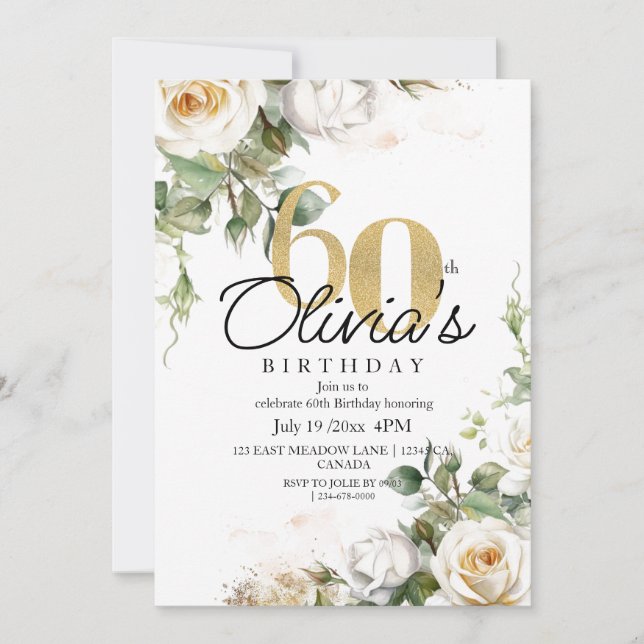 Vit Ros  & Guld  Dam Elegant 60-årsfirande Inbjudningar (Framsida)
