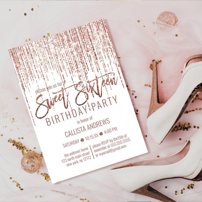 Vit ros Guld Glitter Fringe Curtain Sweet 16 Inbjudningar (Skapare uppladdad)