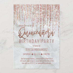 Vit ros Guld Glitter Pearl Marble Quinceañera Inbjudningar